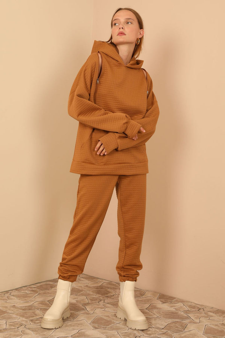 KKT Jesica Fabric Long Sleeve Hooded Oversize Zip Women Sweatshirt - Light Brown - Bondy