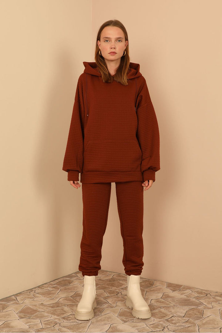 KKT Jesica Fabric Long Sleeve Hooded Oversize Zip Women Sweatshirt - Brown - Ílion