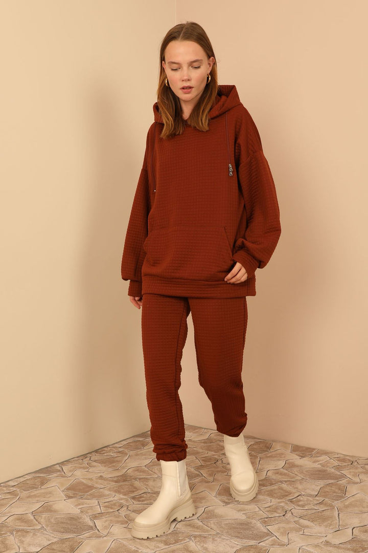 KKT Jesica Fabric Long Sleeve Hooded Oversize Zip Women Sweatshirt - Brown - Ílion