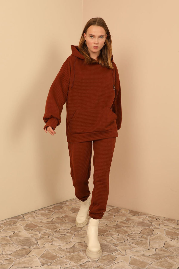 KKT Jesica Fabric Long Sleeve Hooded Oversize Zip Women Sweatshirt - Brown - Ílion
