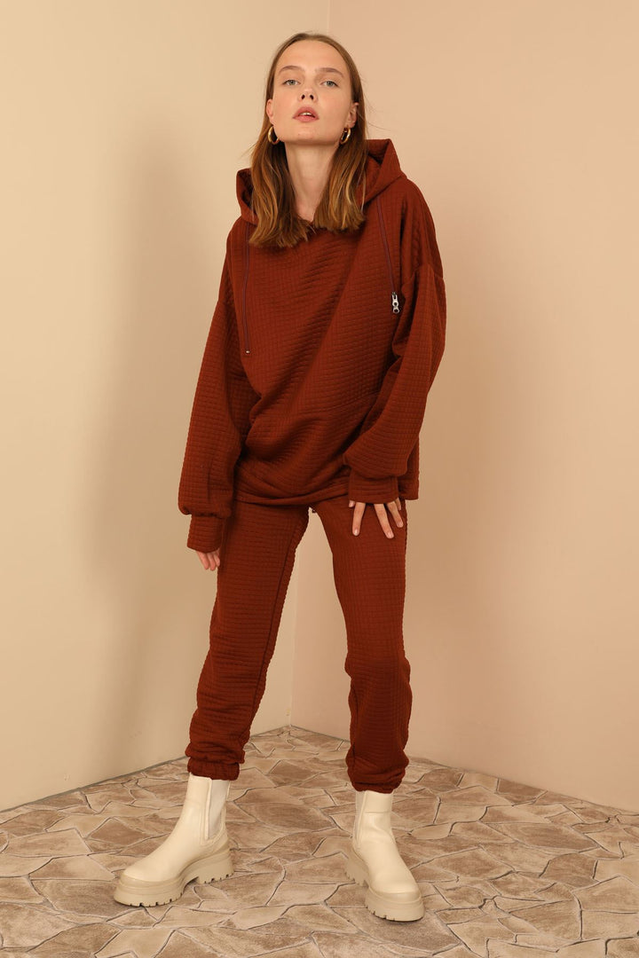 KKT Jesica Fabric Long Sleeve Hooded Oversize Zip Women Sweatshirt - Brown - Ílion