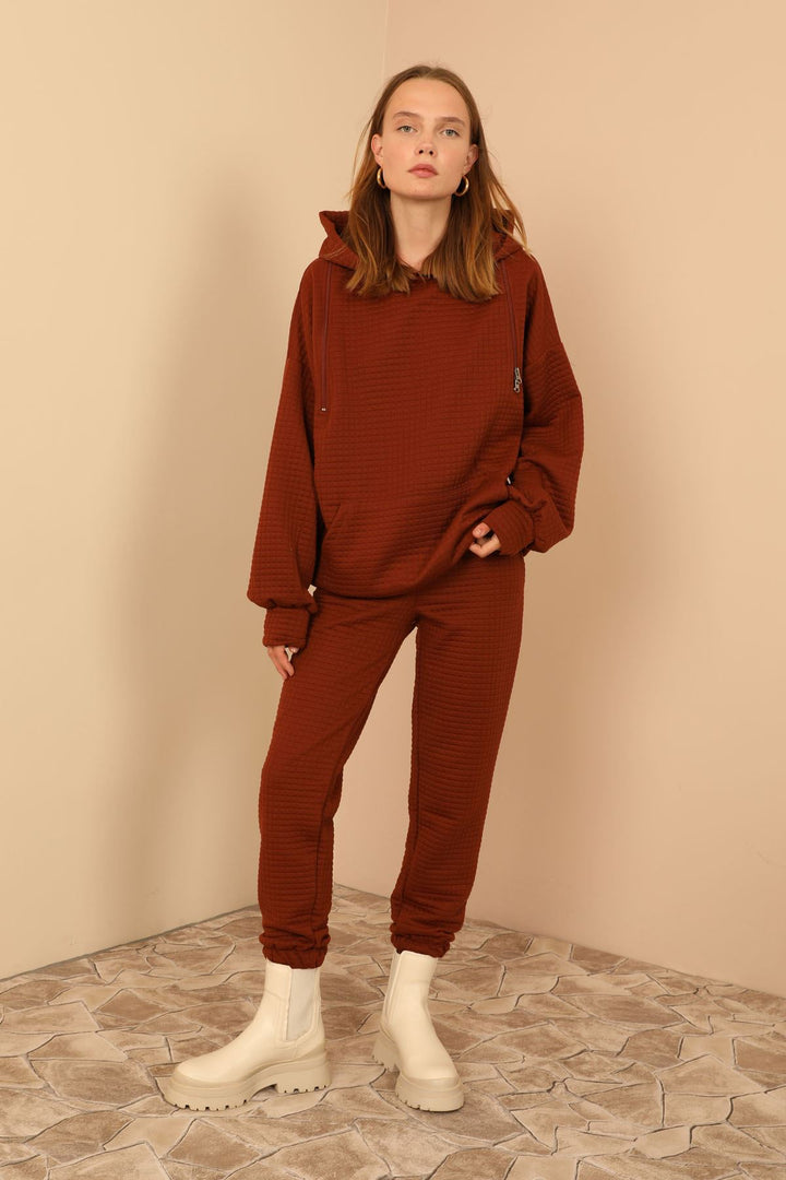 KKT Jesica Fabric Long Sleeve Hooded Oversize Zip Women Sweatshirt - Brown - Ílion