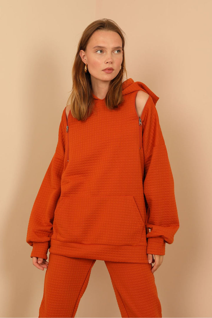 KKT Jesica Fabric Long Sleeve Hooded Oversize Zip Women Sweatshirt - Cinnamon  - Hampton