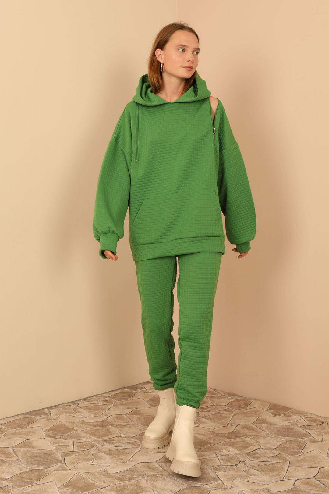 KKT Jesica Fabric Long Sleeve Hooded Oversize Zip Women Sweatshirt - Green - Snizhne