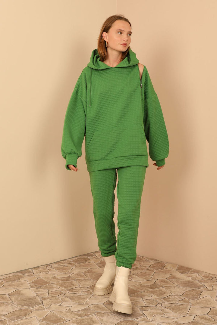 KKT Jesica Fabric Long Sleeve Hooded Oversize Zip Women Sweatshirt - Green - Snizhne