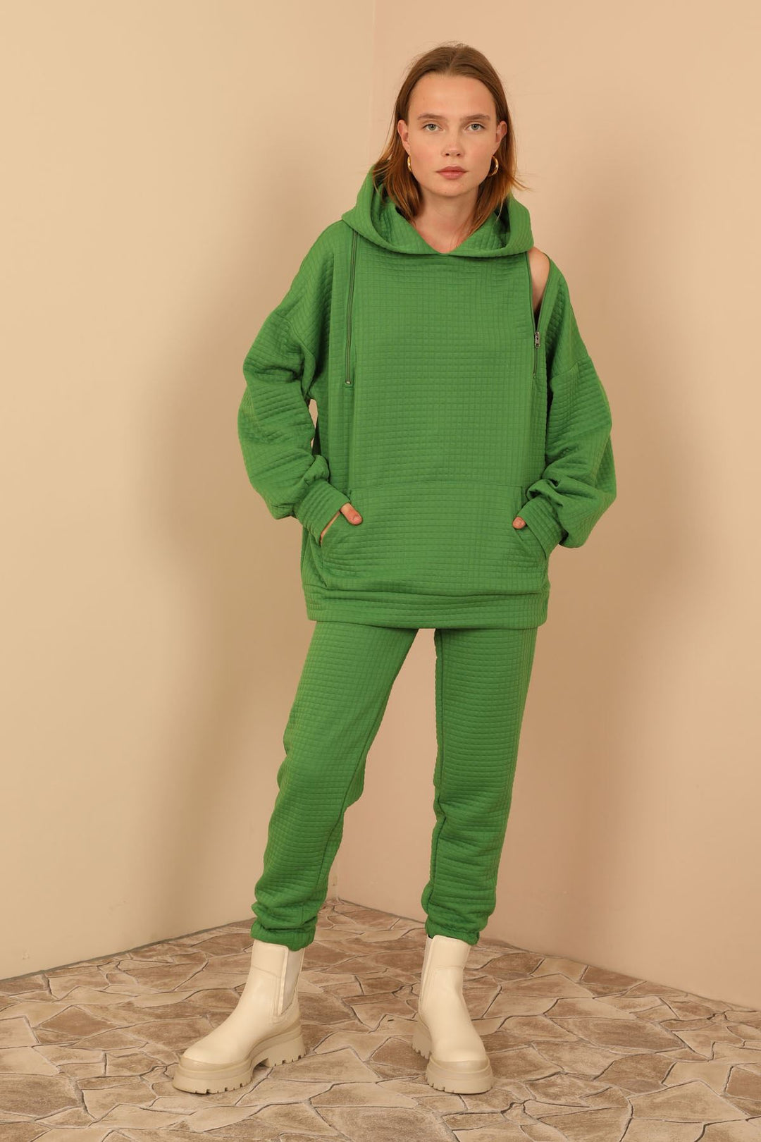 KKT Jesica Fabric Long Sleeve Hooded Oversize Zip Women Sweatshirt - Green - Snizhne