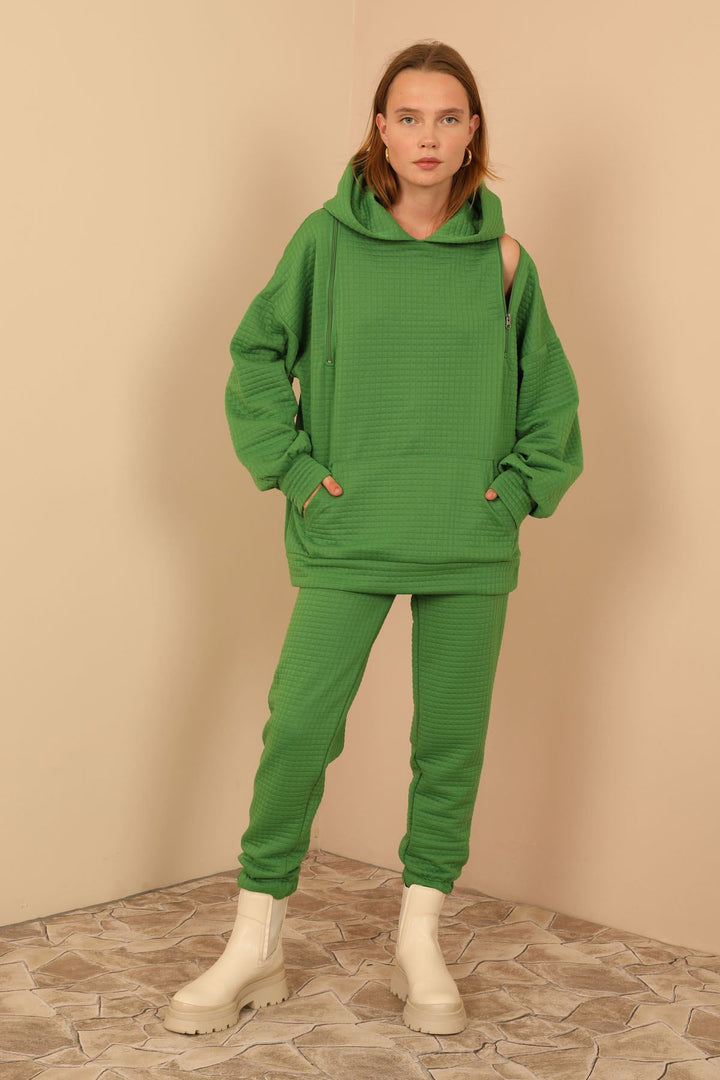 KKT Jesica Fabric Long Sleeve Hooded Oversize Zip Women Sweatshirt - Green - Snizhne