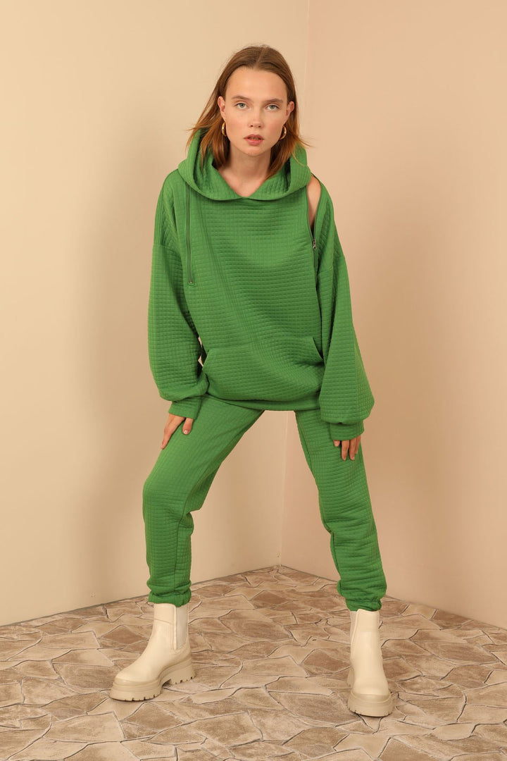 KKT Jesica Fabric Long Sleeve Hooded Oversize Zip Women Sweatshirt - Green - Snizhne