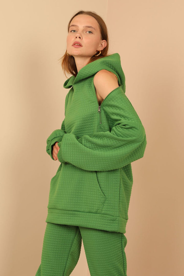 KKT Jesica Fabric Long Sleeve Hooded Oversize Zip Women Sweatshirt - Green - Snizhne