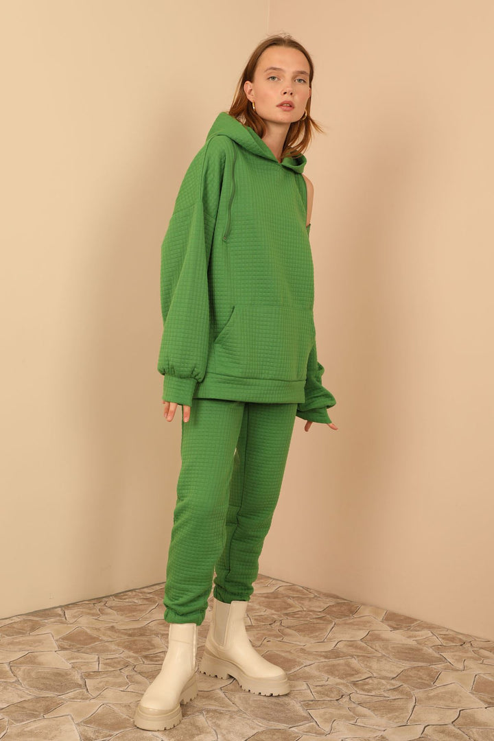 KKT Jesica Fabric Long Sleeve Hooded Oversize Zip Women Sweatshirt - Green - Snizhne