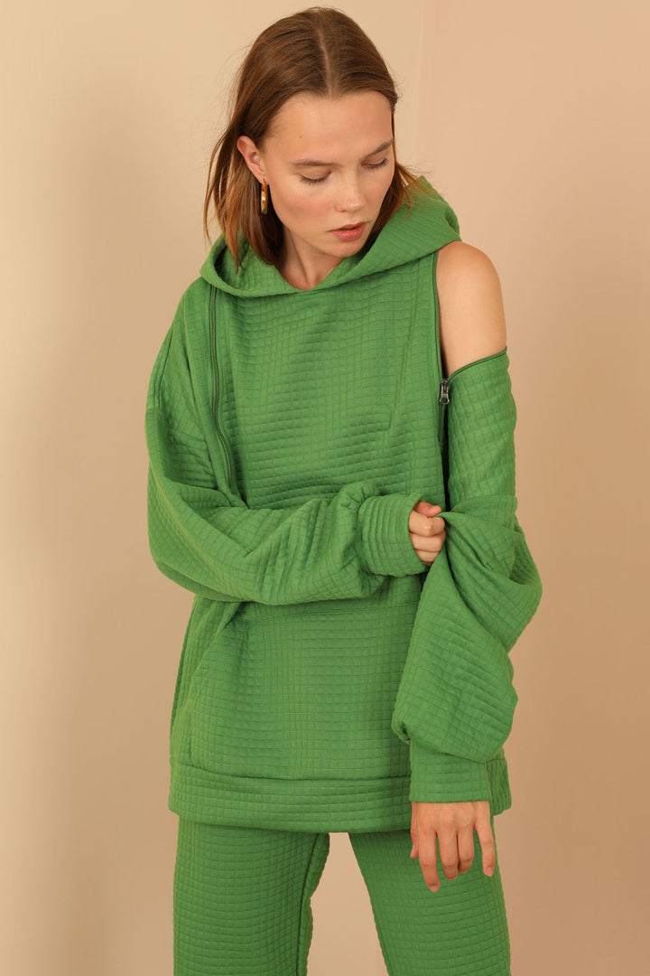 KKT Jesica Fabric Long Sleeve Hooded Oversize Zip Women Sweatshirt - Green - Snizhne