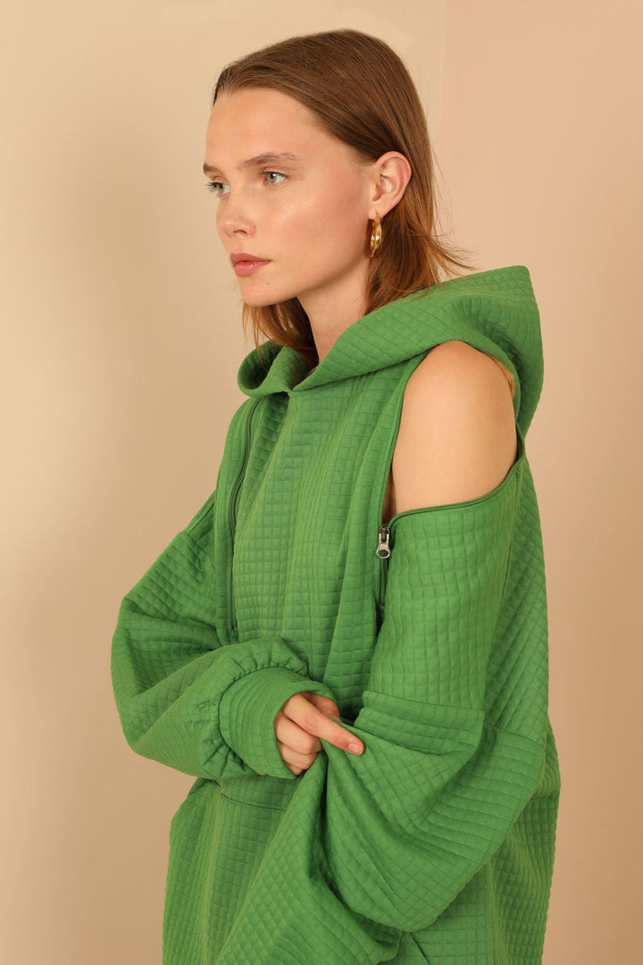 KKT Jesica Fabric Long Sleeve Hooded Oversize Zip Women Sweatshirt - Green - Snizhne