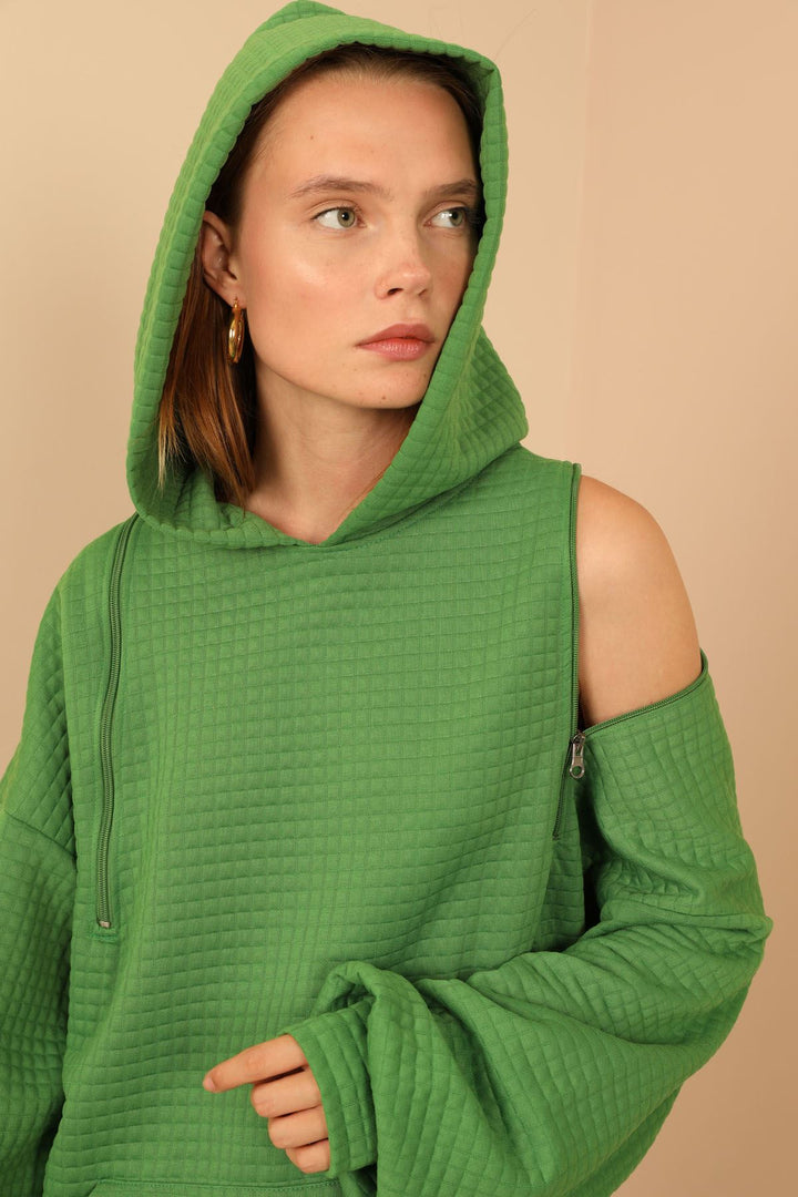 KKT Jesica Fabric Long Sleeve Hooded Oversize Zip Women Sweatshirt - Green - Snizhne