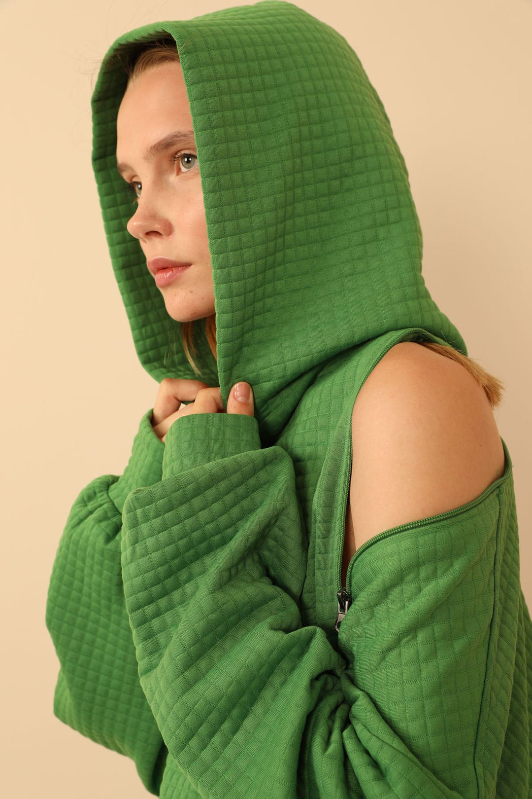 KKT Jesica Fabric Long Sleeve Hooded Oversize Zip Women Sweatshirt - Green - Snizhne