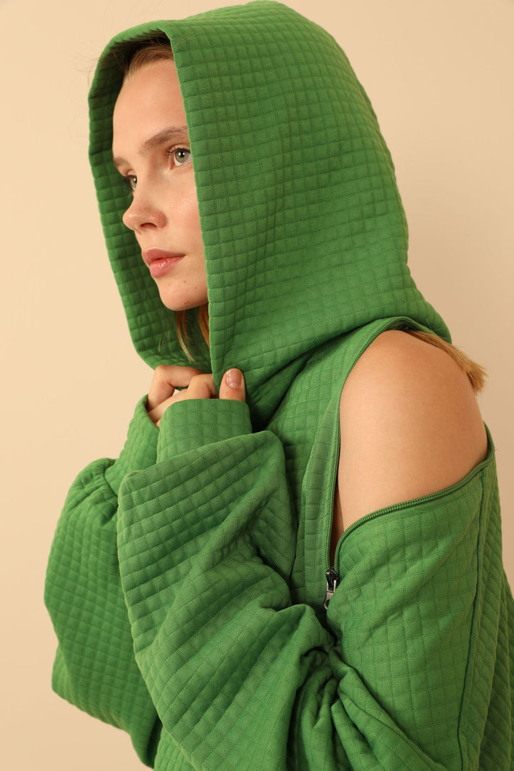 KKT Jesica Fabric Long Sleeve Hooded Oversize Zip Women Sweatshirt - Green - Snizhne