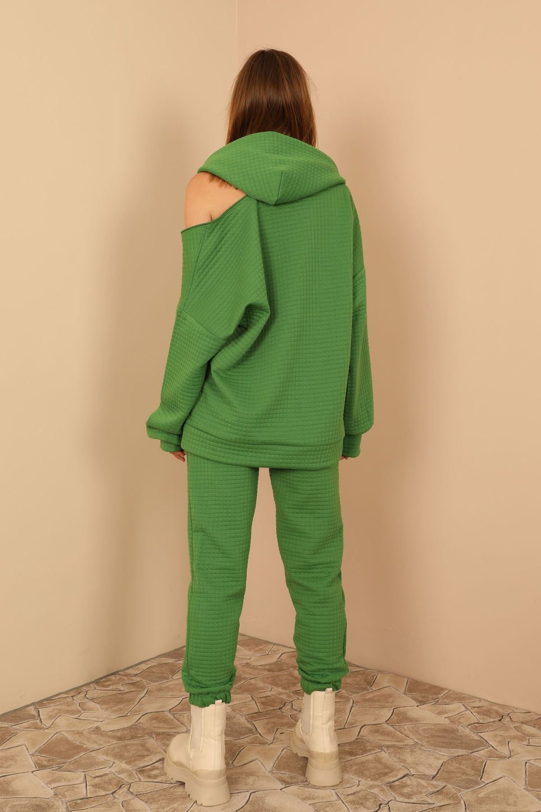 KKT Jesica Fabric Long Sleeve Hooded Oversize Zip Women Sweatshirt - Green - Snizhne