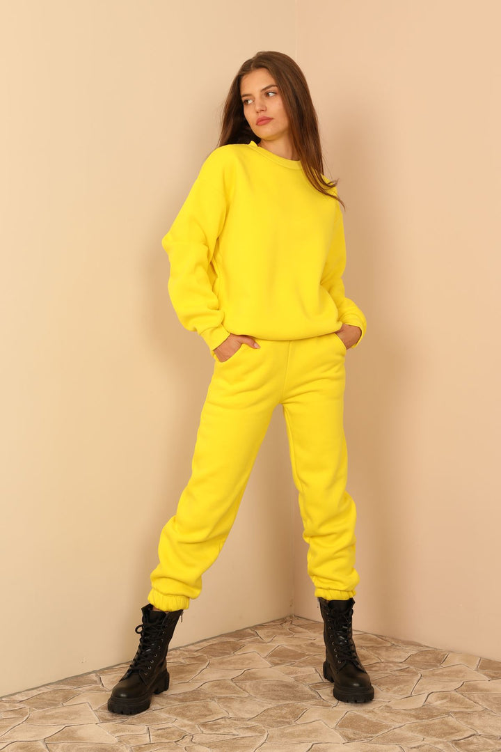 KKT Third Knit With Wool İnside Fabric Long Sleeve Below Hip Women Sweatshirt - Yellow - College Park