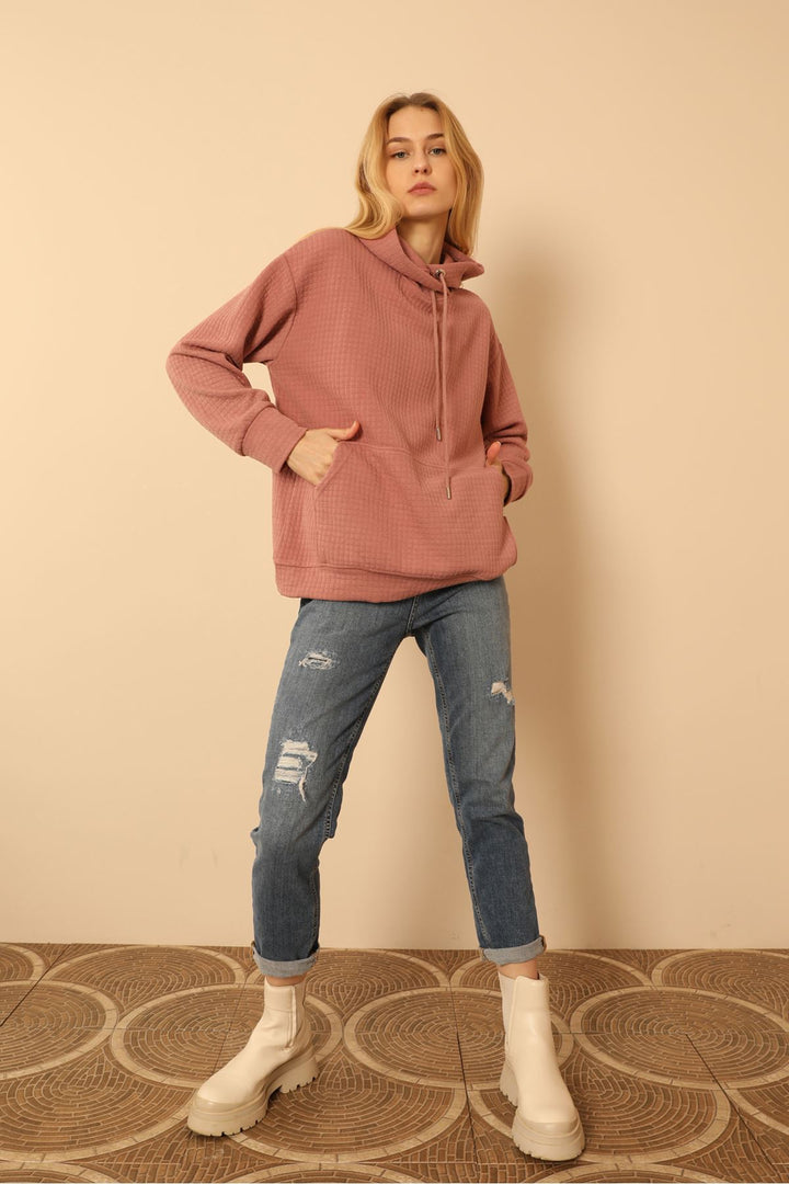 KKT Honeycomb Fabric Long Sleeve Hooded Hip Height Oversize Women Sweatshirt - Light Pink - Montreuil