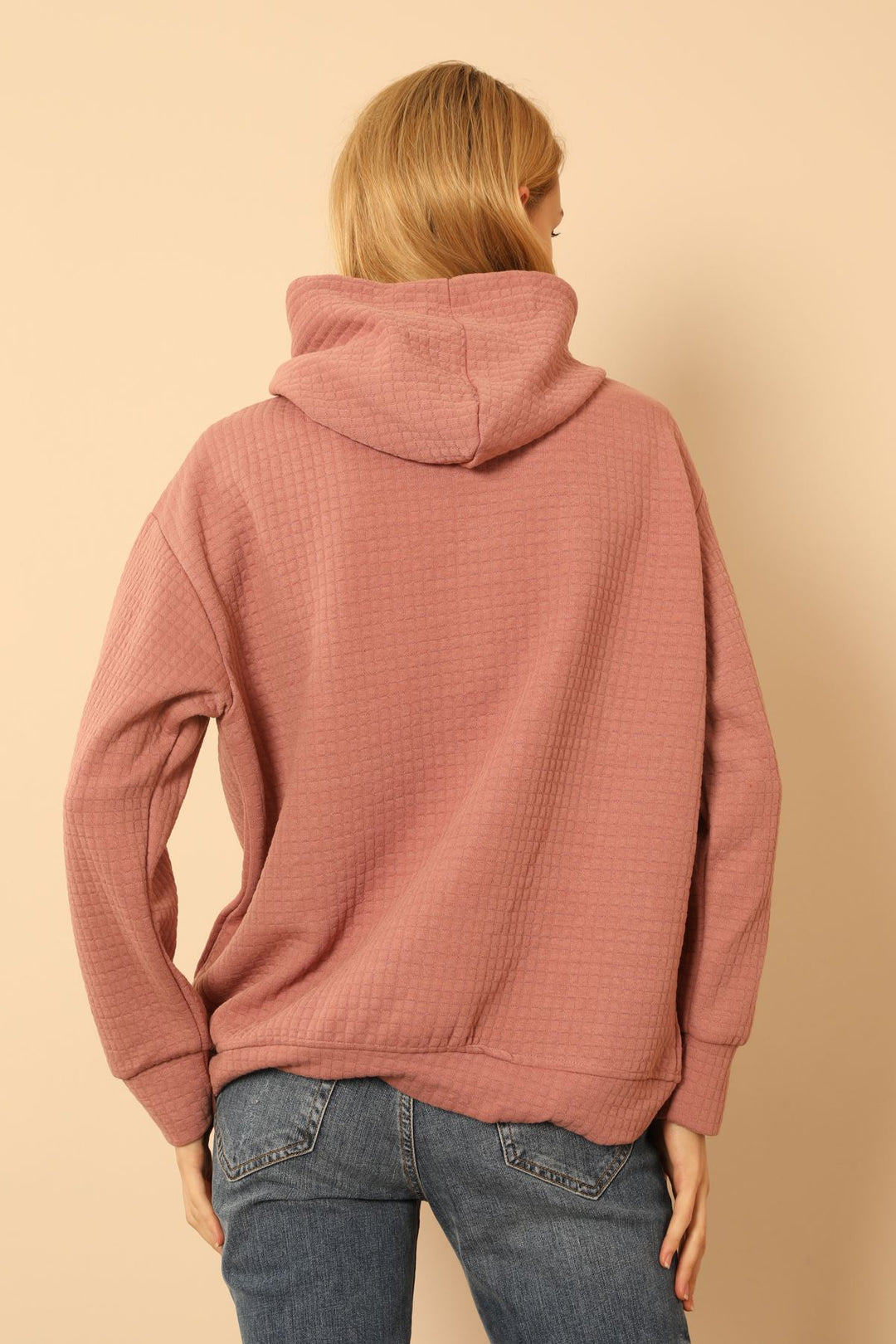 KKT Honeycomb Fabric Long Sleeve Hooded Hip Height Oversize Women Sweatshirt - Light Pink - Montreuil