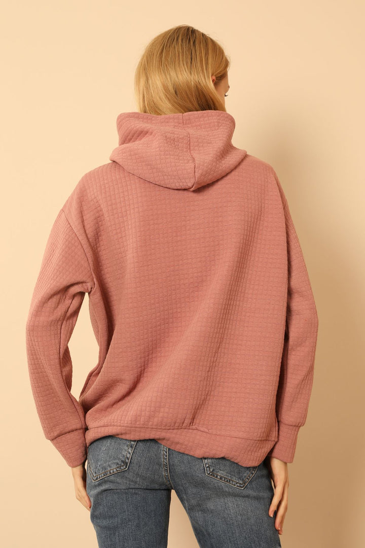 KKT Honeycomb Fabric Long Sleeve Hooded Hip Height Oversize Women Sweatshirt - Light Pink - Montreuil