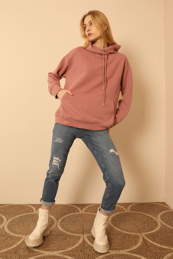 KKT Honeycomb Fabric Long Sleeve Hooded Hip Height Oversize Women Sweatshirt - Light Pink - Montreuil