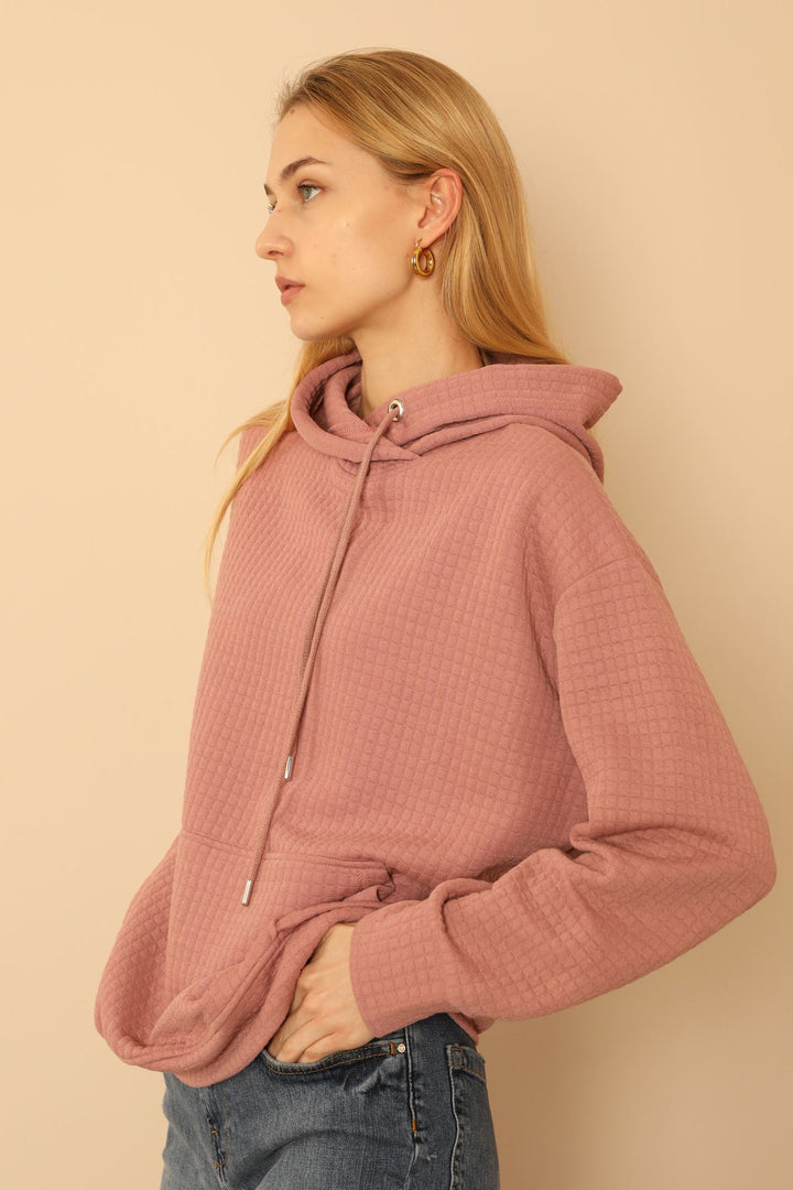 KKT Honeycomb Fabric Long Sleeve Hooded Hip Height Oversize Women Sweatshirt - Light Pink - Montreuil
