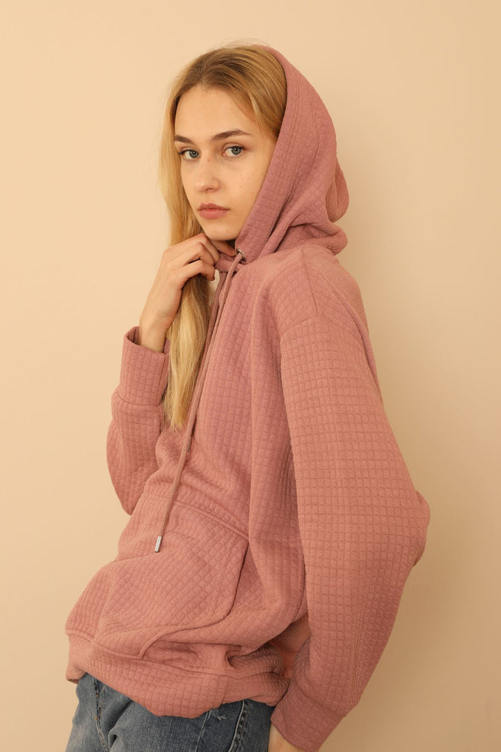 KKT Honeycomb Fabric Long Sleeve Hooded Hip Height Oversize Women Sweatshirt - Light Pink - Montreuil