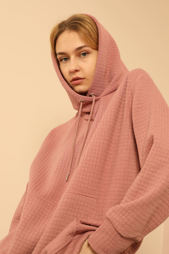 KKT Honeycomb Fabric Long Sleeve Hooded Hip Height Oversize Women Sweatshirt - Light Pink - Montreuil