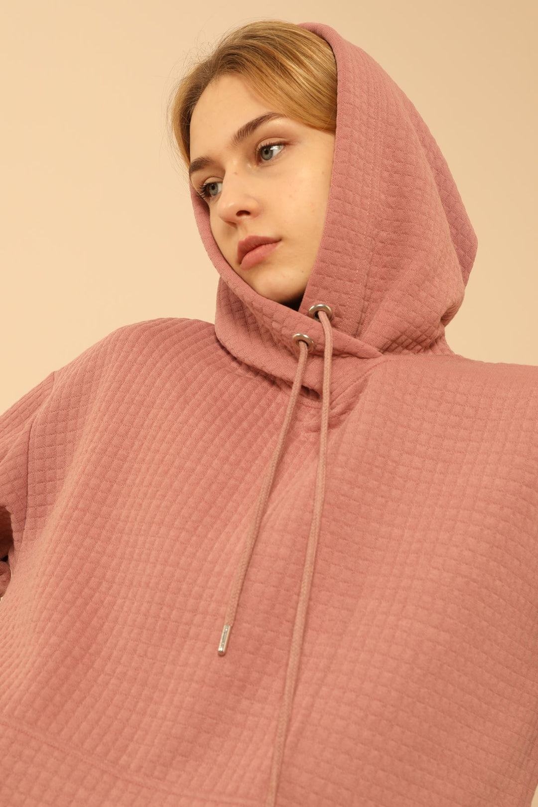 KKT Honeycomb Fabric Long Sleeve Hooded Hip Height Oversize Women Sweatshirt - Light Pink - Montreuil