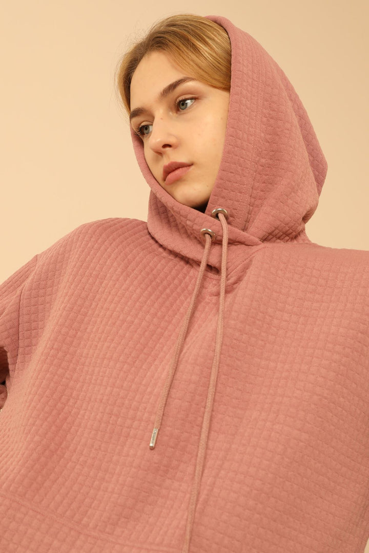 KKT Honeycomb Fabric Long Sleeve Hooded Hip Height Oversize Women Sweatshirt - Light Pink - Montreuil