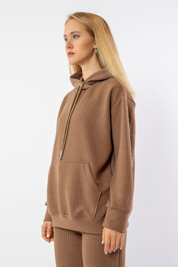 KKT Honeycomb Fabric Long Sleeve Hooded Hip Height Oversize Women Sweatshirt - Chanterelle  - Vila do Conde