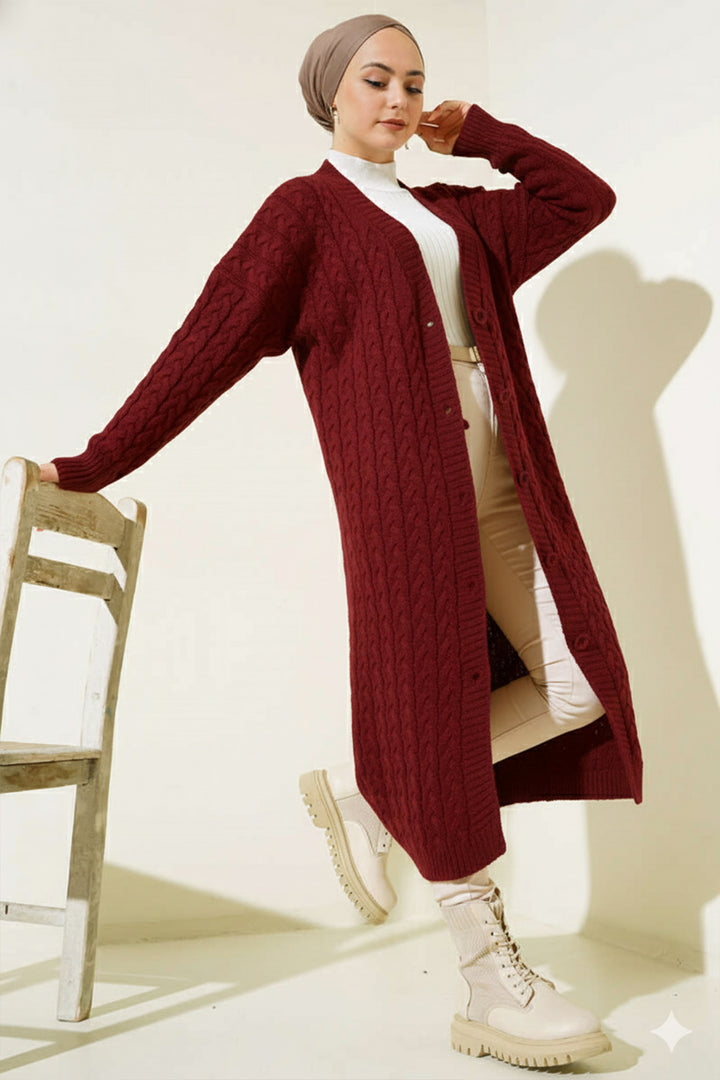 BNG Women Buttoned Long Knit Cardigan Burgundy - Bowling Green