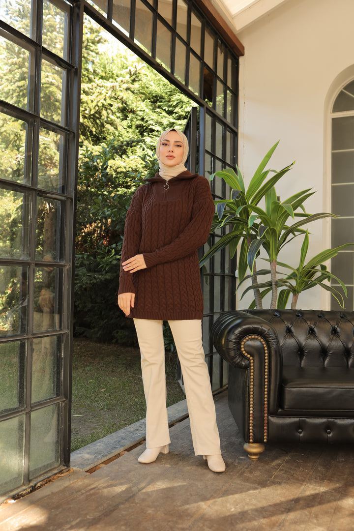 BNG سترة نسائية محبوكة باللون البني مع نمط سحاب بياقة - كليرمون