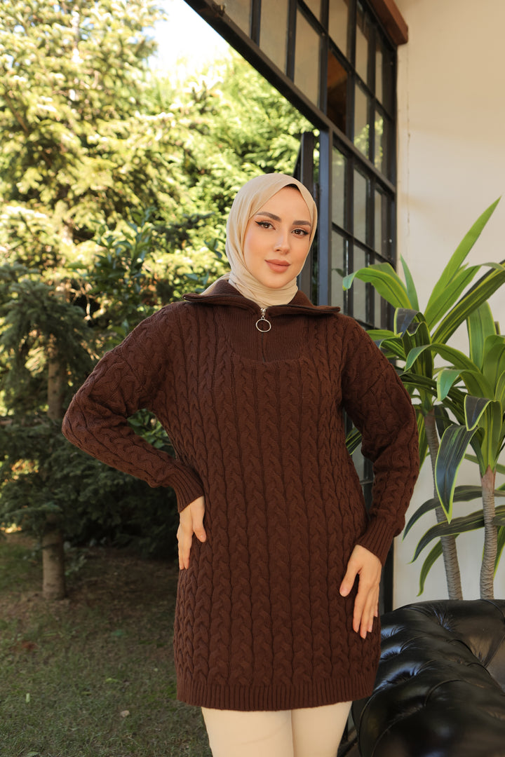 BNG سترة نسائية محبوكة باللون البني مع نمط سحاب بياقة - كليرمون
