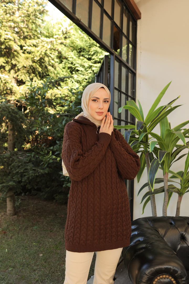 BNG سترة نسائية محبوكة باللون البني مع نمط سحاب بياقة - كليرمون