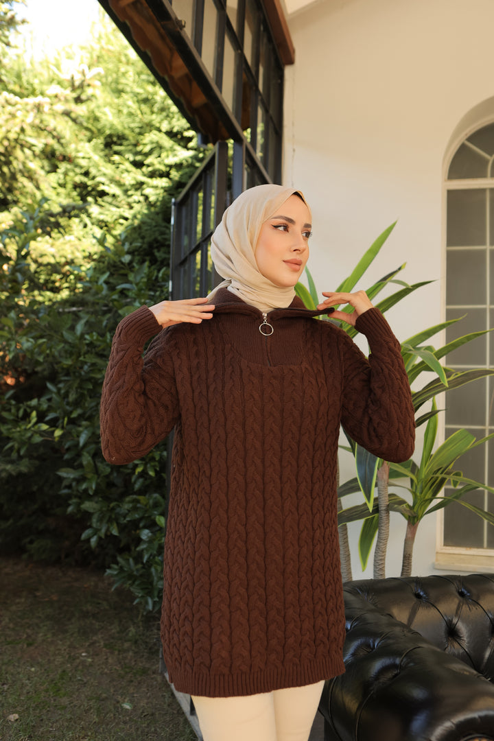 BNG سترة نسائية محبوكة باللون البني مع نمط سحاب بياقة - كليرمون