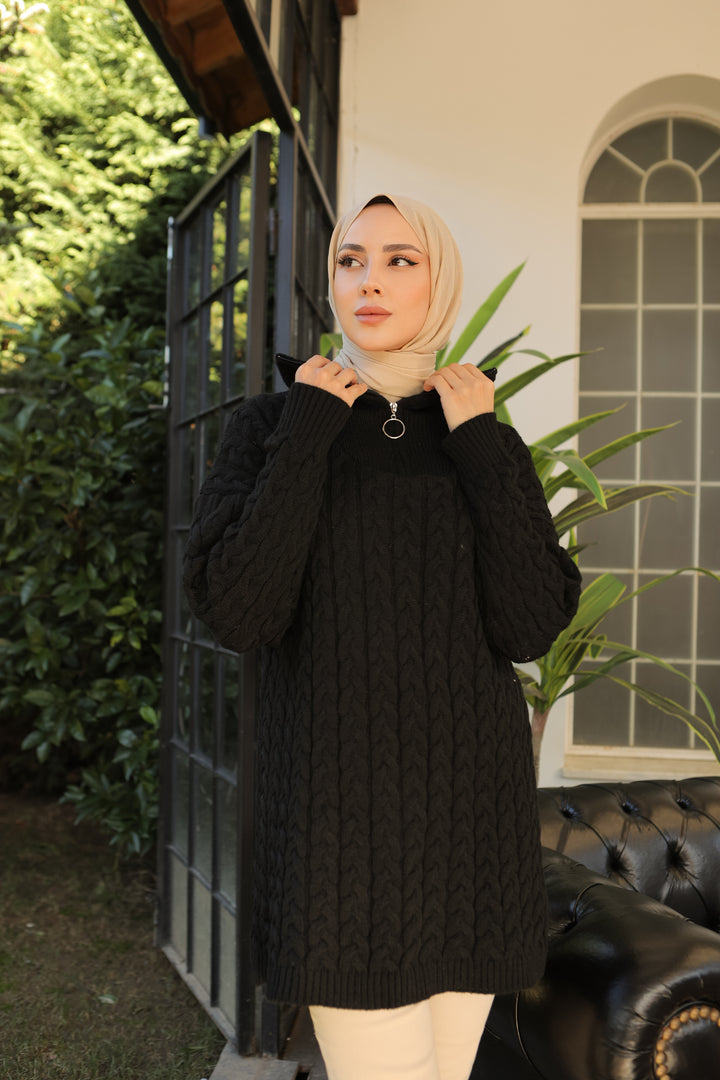 BNG سترة نسائية سوداء بياقة مدورة ونمط محبوك بسحاب - كليرمونت