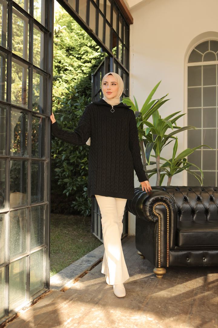 BNG سترة نسائية سوداء بياقة مدورة ونمط محبوك بسحاب - كليرمونت
