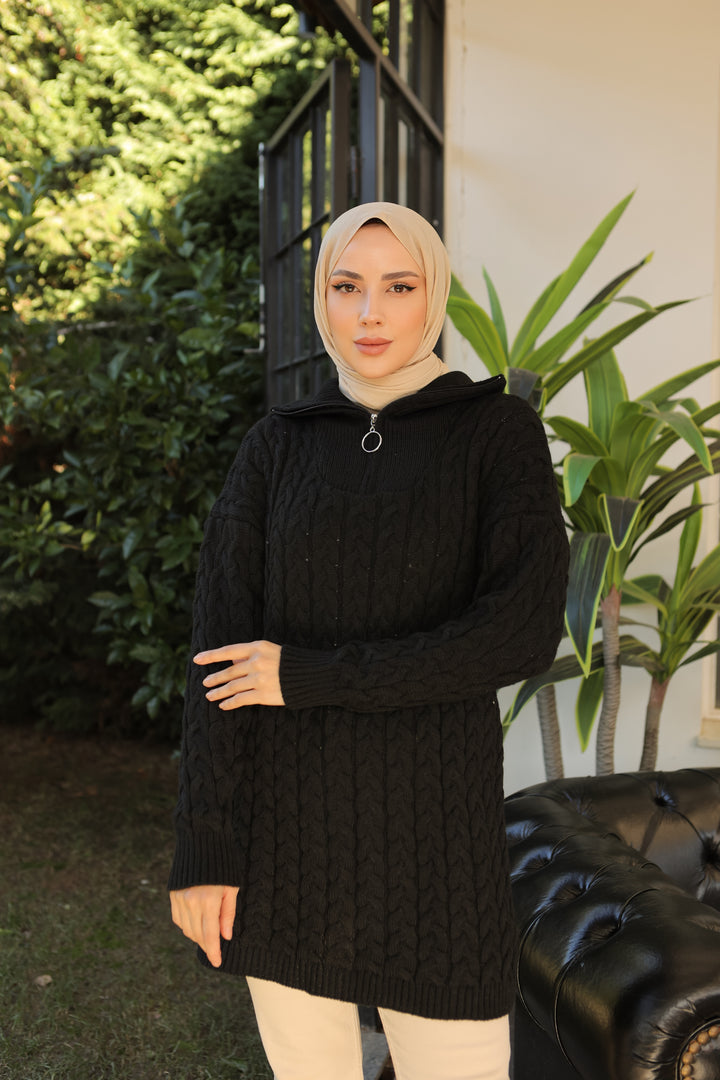 BNG سترة نسائية سوداء بياقة مدورة ونمط محبوك بسحاب - كليرمونت