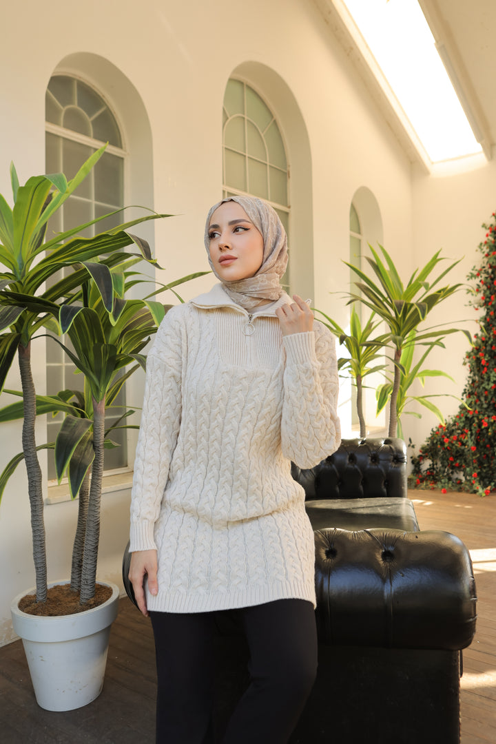 BNG سترة نسائية ذات لون حجري بياقة عالية مع سحاب ونمط محبوك - كليرمونت