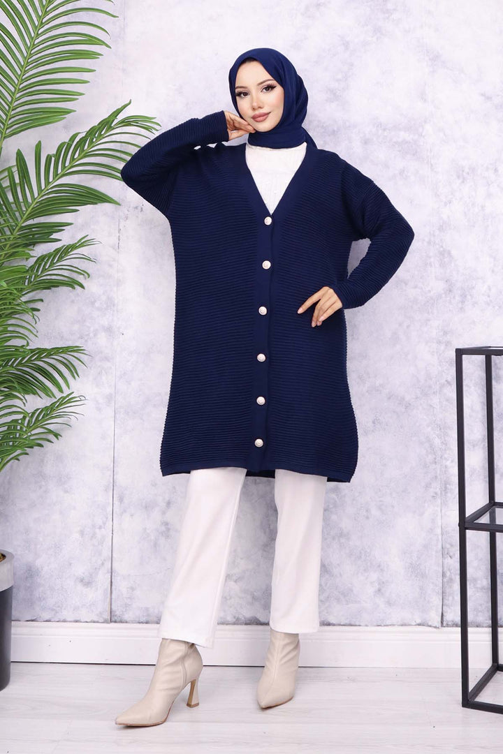 BNG Women Button Detailed Ribbed Cardigan Navy - Valle Hermoso