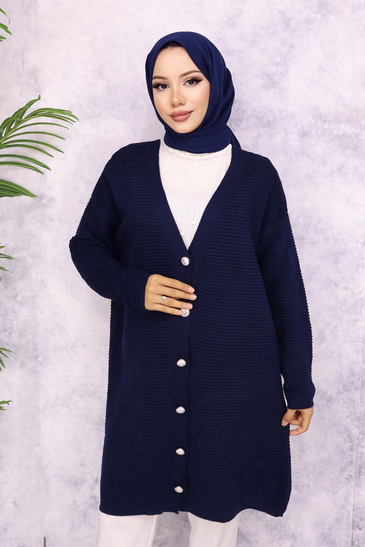 BNG Women Button Detailed Ribbed Cardigan Navy - Valle Hermoso