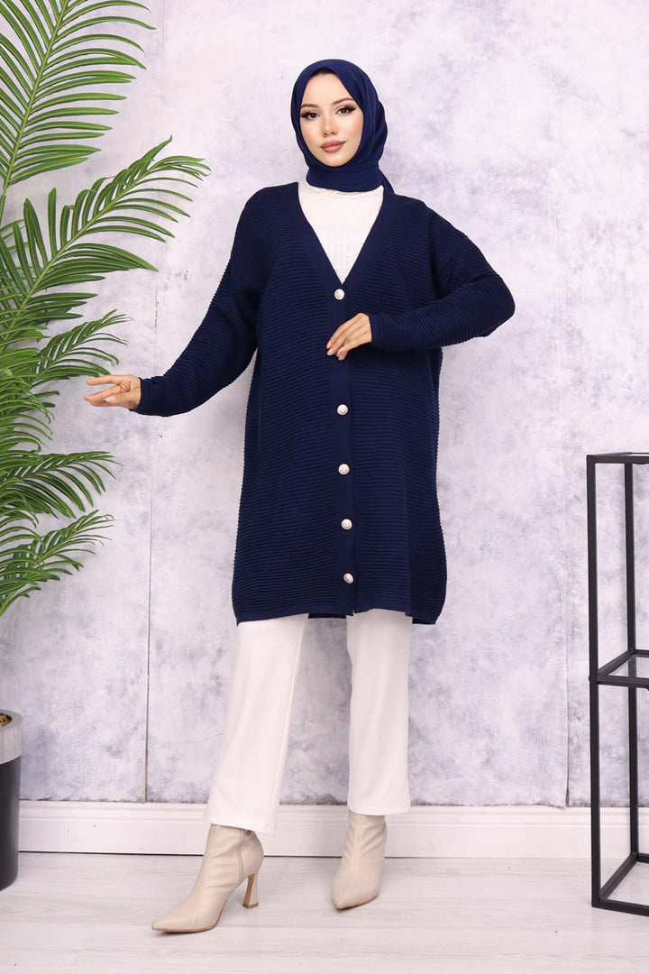 BNG Women Button Detailed Ribbed Cardigan Navy - Valle Hermoso