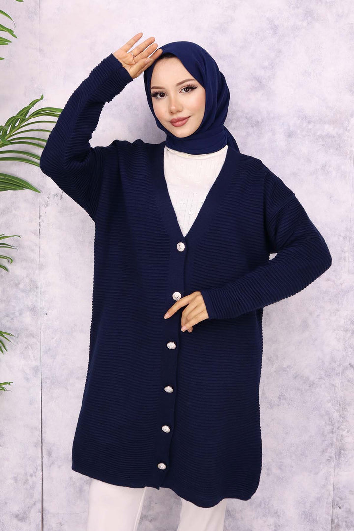 BNG Women Button Detailed Ribbed Cardigan Navy - Valle Hermoso