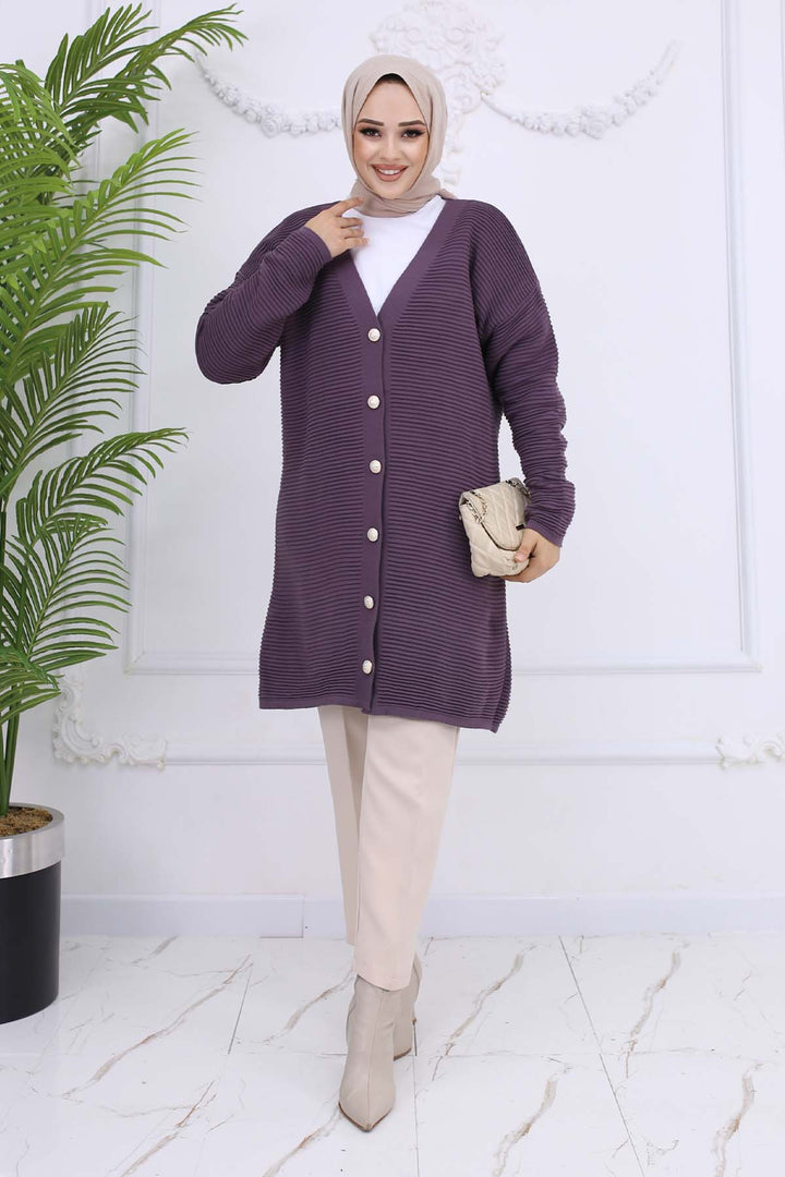 BNG Women Button Detailed Ribbed Cardigan Purple 3091 - Cuetzalan