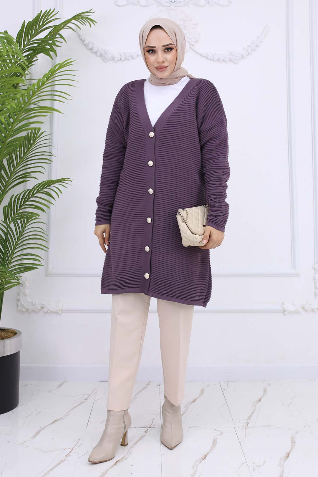 BNG Women Button Detailed Ribbed Cardigan Purple 3091 - Cuetzalan