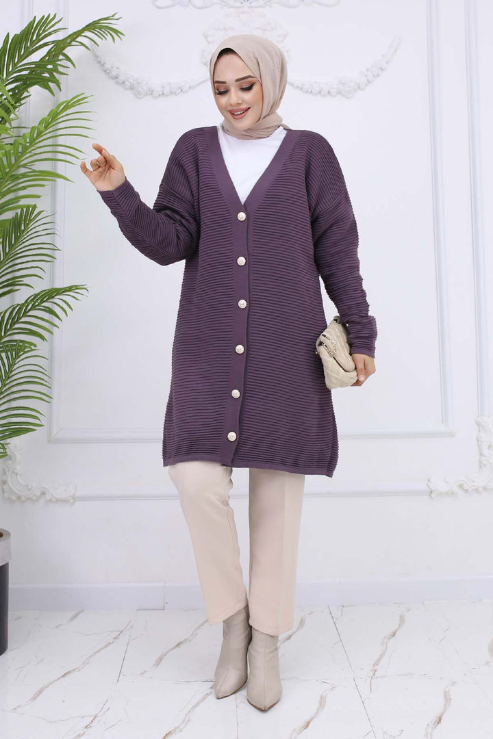 BNG Women Button Detailed Ribbed Cardigan Purple 3091 - Cuetzalan