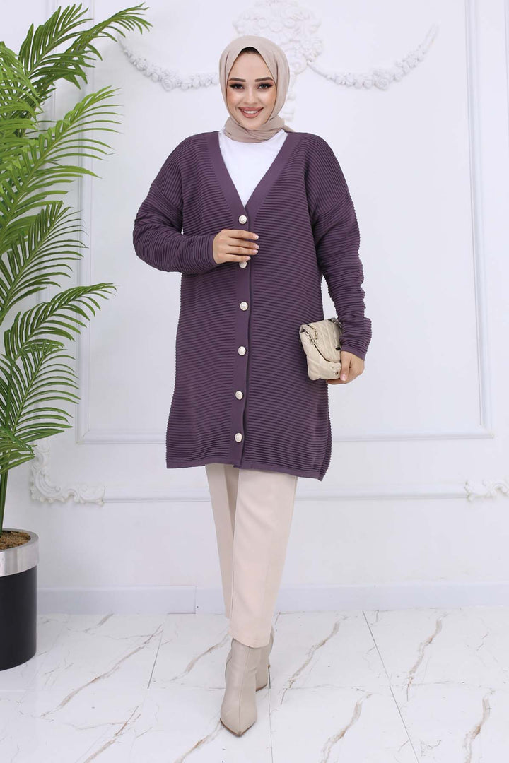 BNG Women Button Detailed Ribbed Cardigan Purple 3091 - Cuetzalan