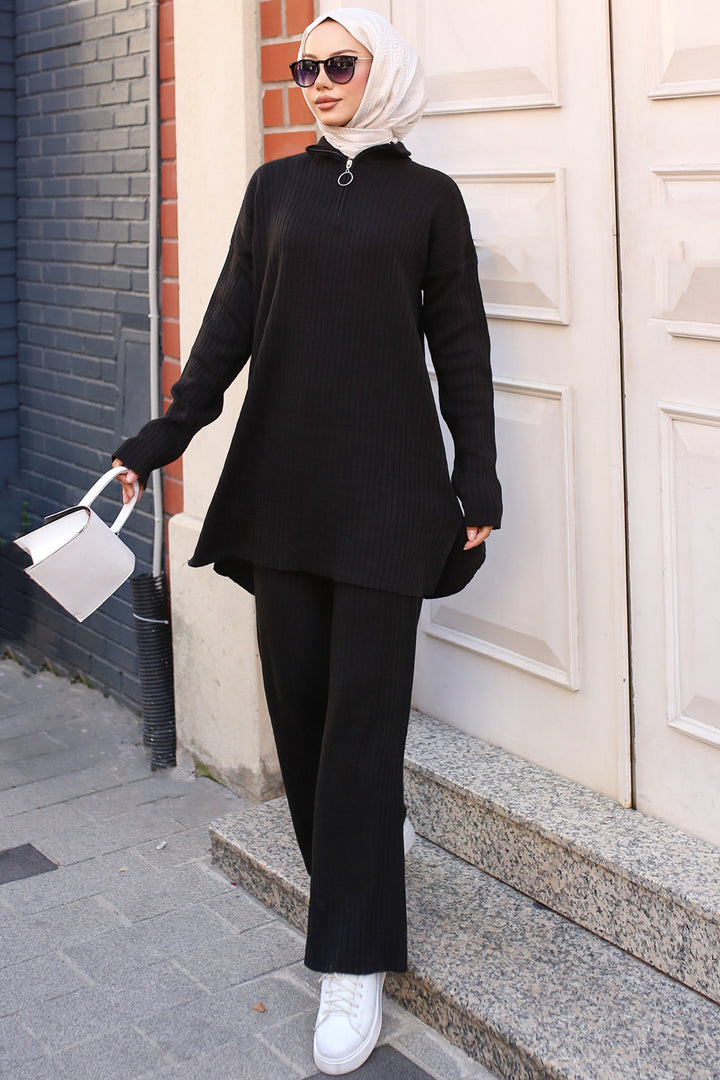 BNG Women Zipper Detailed Ribbed Knit Set Black - Clermont