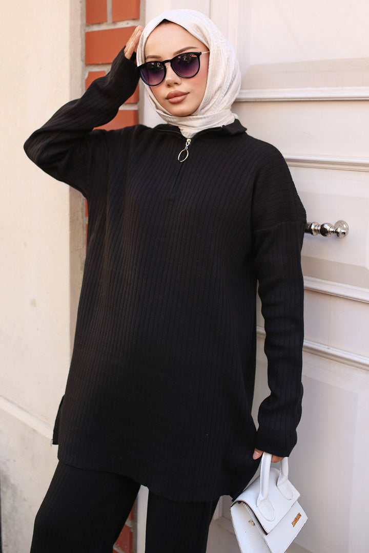 BNG Women Zipper Detailed Ribbed Knit Set Black - Clermont
